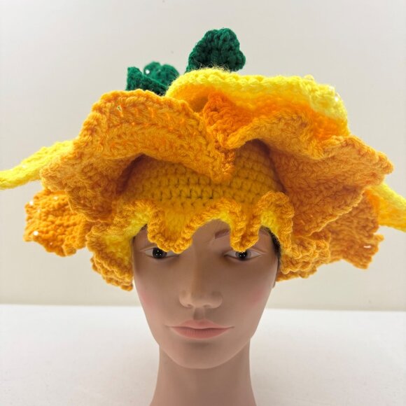 Handmade Crochet Flower Hat With Green Stem & Yellow Petals Fairy Hat Costume main image 6